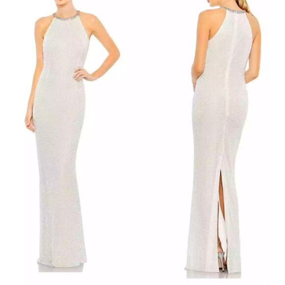 Mac Duggal 93742 Dress Beaded Sleeveless High Neck Column Gown Maxi White NWT 0